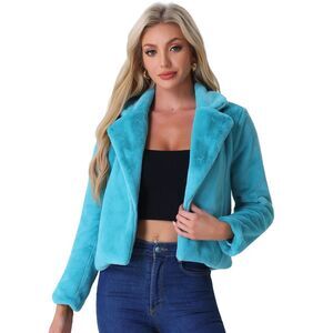 Cropped Jacket Notch Lapel Faux Fur Fluffy Coat Peacock Blue